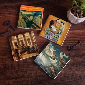 Pinecone 4 Parça Set 10x10 cm Stone Coasters Çığlık Gustav Klimt Aile Kucaklama Bir Roma Sanat Aşığı Ruhların Geçişi Masaüstü Koruyucu Altlık