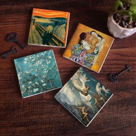 Pinecone 4 Parça Set 10x10 cm Stone Coasters Çığlık Van Gogh Badem Ağacı Gustav Klimt Aile Kucaklama Ruhların Geçişi Masaüstü Koruyucu Altlık