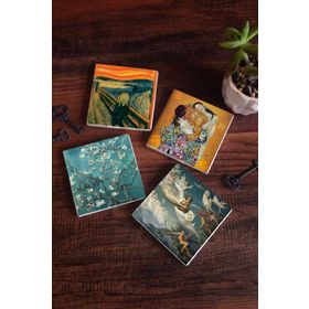 Pinecone 4 Parça Set 10x10 cm Stone Coasters Çığlık Van Gogh Badem Ağacı Gustav Klimt Aile Kucaklama Ruhların Geçişi Masaüstü Koruyucu Altlık