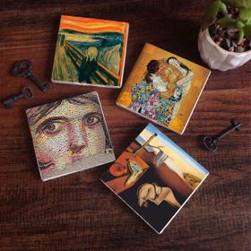 Pinecone 4 Parça Set 10x10 cm Stone Coasters Çingene Kızı Mozaiği Dalí Belleğin Azmi Çığlık Gustav Klimt Aile Kucaklama Masaüstü Koruyucu Altlık