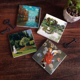 Pinecone 4 Parça Set 10x10 cm Stone Coasters Claude Monet Sonbahar Japon Kostümü Gül Çiçekli Kemer Bahçedeki Kadın Taş Masaüstü Koruyucu Altlık