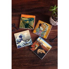 Pinecone 4 Parça Set 10x10 cm Stone Coasters Dalí Belleğin Azmi Büyük Dalga Japon Sanatı Çığlık Gustav Klimt Aile Kucaklama Taş Masaüstü Koruyucu Altlık