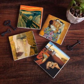 Pinecone 4 Parça Set 10x10 cm Stone Coasters Dalí Belleğin Azmi Çığlık Gustav Klimt Aile Kucaklama Altın Gözyaşları Taş Masaüstü Koruyucu Altlık