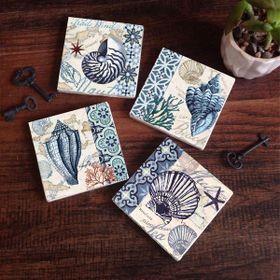 Pinecone 4 Parça Set 10X10 cm Stone Coasters Deniz Kabuğu Taş Masaüstü Koruyucu Altlık