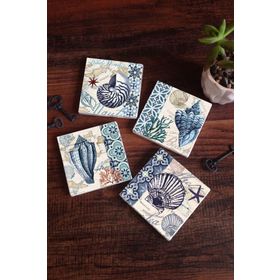 Pinecone 4 Parça Set 10X10 cm Stone Coasters Deniz Kabuğu Taş Masaüstü Koruyucu Altlık