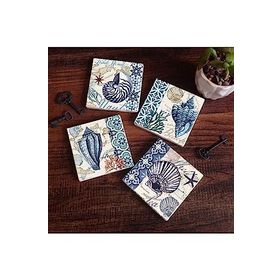 Pinecone 4 Parça Set 10X10 cm Stone Coasters Deniz Kabuğu Taş Masaüstü Koruyucu Altlık