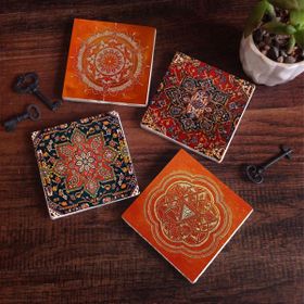 Pinecone 4 Parça Set 10x10 cm Stone Coasters Desen Sri Yantra Mandala Taş Masaüstü Koruyucu Altlık
