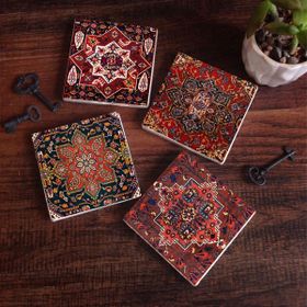Pinecone 4 Parça Set 10x10 cm Stone Coasters Desen Taş Masaüstü Koruyucu Altlık