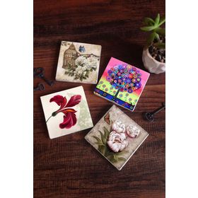 Pinecone 4 Parça Set 10x10 cm Stone Coasters Ebru Sanatı Lale Kelebekli Çiçek Karla Gerard Hayat Ağacı Taş Masaüstü Koruyucu Altlık