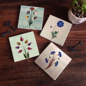 Pinecone 4 Parça Set 10X10 cm Stone Coasters Ebru Sanatı Lale Taş Masaüstü Koruyucu Altlık