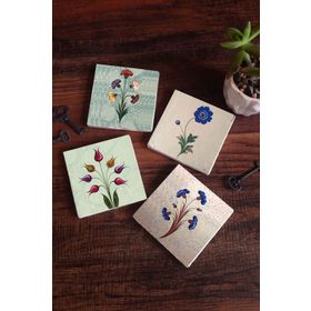 Pinecone 4 Parça Set 10X10 cm Stone Coasters Ebru Sanatı Lale Taş Masaüstü Koruyucu Altlık