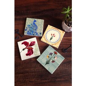 Pinecone 4 Parça Set 10x10 cm Stone Coasters Ebru Sanatı Lale Tavus Kuşu Taş Masaüstü Koruyucu Altlık