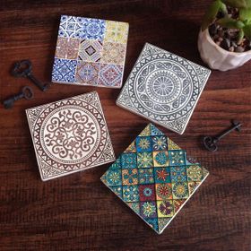 Pinecone 4 Parça Set 10X10 cm Stone Coasters Etnik Desen Taş Masaüstü Koruyucu Altlık