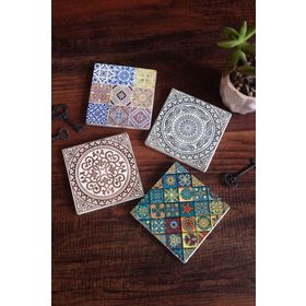 Pinecone 4 Parça Set 10X10 cm Stone Coasters Etnik Desen Taş Masaüstü Koruyucu Altlık