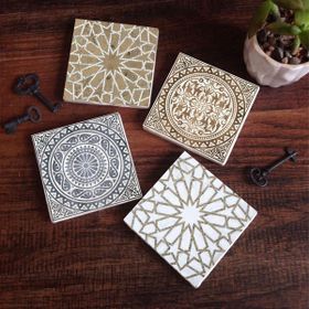 Pinecone 4 Parça Set 10X10 cm Stone Coasters Etnik Desen Taş Masaüstü Koruyucu Altlık