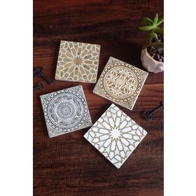 Pinecone 4 Parça Set 10X10 cm Stone Coasters Etnik Desen Taş Masaüstü Koruyucu Altlık