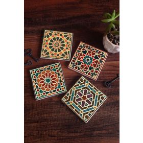 Pinecone 4 Parça Set 10X10 cm Stone Coasters Etnik Desen Taş Masaüstü Koruyucu Altlık