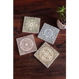 Pinecone 4 Parça Set 10X10 cm Stone Coasters Etnik Desen Taş Masaüstü Koruyucu Altlık