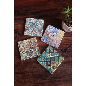 Pinecone 4 Parça Set 10X10 cm Stone Coasters Etnik Desen Taş Masaüstü Koruyucu Altlık