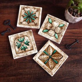 Pinecone 4 Parça Set 10X10 cm Stone Coasters Fas Desenli Vintage Taş Bardak Altlığı Masaüstü Koruyucu Altlık