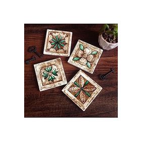 Pinecone 4 Parça Set 10X10 cm Stone Coasters Fas Desenli Vintage Taş Bardak Altlığı Masaüstü Koruyucu Altlık