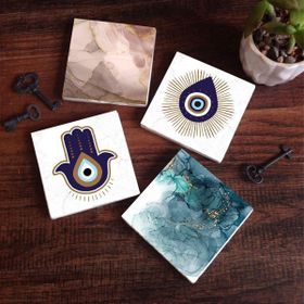 Pinecone 4 Parça Set 10x10 cm Stone Coasters Fatma Ana Eli (Hamsa) Nazar Soyut Sanat Taş Masaüstü Koruyucu Altlık