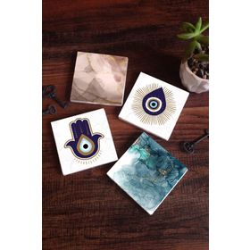 Pinecone 4 Parça Set 10x10 cm Stone Coasters Fatma Ana Eli (Hamsa) Nazar Soyut Sanat Taş Masaüstü Koruyucu Altlık