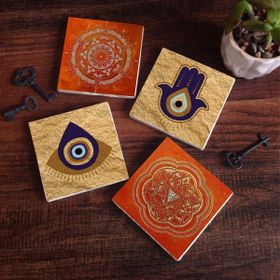 Pinecone 4 Parça Set 10x10 cm Stone Coasters Fatma Ana Eli (Hamsa) Nazar Sri Yantra Mandala Taş Bardak Altlığı
