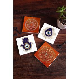 Pinecone 4 Parça Set 10x10 cm Stone Coasters Fatma Ana Eli (Hamsa) Nazar Sri Yantra Mandala Taş Bardak Altlığı