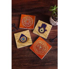 Pinecone 4 Parça Set 10x10 cm Stone Coasters Fatma Ana Eli (Hamsa) Nazar Sri Yantra Mandala Taş Bardak Altlığı