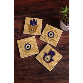 Pinecone 4 Parça Set 10x10 cm Stone Coasters Fatma Ana Eli (Hamsa) Nazar Taş Masaüstü Koruyucu Altlık