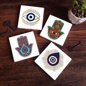 Pinecone 4 Parça Set 10x10 cm Stone Coasters Fatma Ana Eli (Hamsa) Nazar Taş Masaüstü Koruyucu Altlık