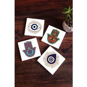 Pinecone 4 Parça Set 10x10 cm Stone Coasters Fatma Ana Eli (Hamsa) Nazar Taş Masaüstü Koruyucu Altlık