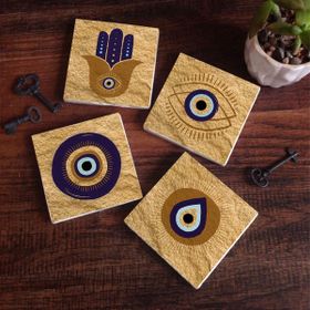 Pinecone 4 Parça Set 10x10 cm Stone Coasters Fatma Ana Eli (Hamsa) Nazar Taş Masaüstü Koruyucu Altlık