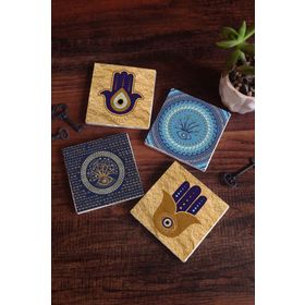 Pinecone 4 Parça Set 10x10 cm Stone Coasters Fatma Ana Eli (Hamsa) Nazar Taş Masaüstü Koruyucu Altlık