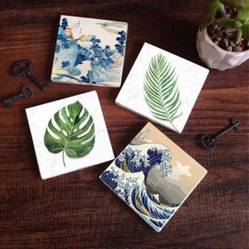Pinecone 4 Parça Set 10x10 cm Stone Coasters Fuji Dağı Büyük Dalga Japon Sanatı Yaprak Taş Bardak Altlığı Masaüstü Koruyucu Altlık