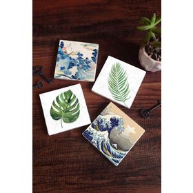 Pinecone 4 Parça Set 10x10 cm Stone Coasters Fuji Dağı Büyük Dalga Japon Sanatı Yaprak Taş Bardak Altlığı Masaüstü Koruyucu Altlık