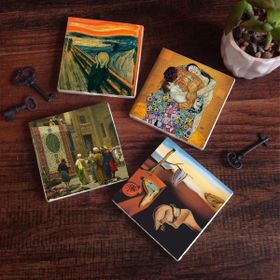 Pinecone 4 Parça Set 10x10 cm Stone Coasters Göreme Halı Tüccarı Çığlık Gustav Klimt Aile Kucaklama Dalí Belleğin Azmi Taş Masaüstü Koruyucu Altlık