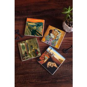 Pinecone 4 Parça Set 10x10 cm Stone Coasters Göreme Halı Tüccarı Çığlık Gustav Klimt Aile Kucaklama Dalí Belleğin Azmi Taş Masaüstü Koruyucu Altlık