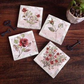 Pinecone 4 Parça Set 10X10 cm Stone Coasters Gül Çiçek Taş Masaüstü Koruyucu Altlık