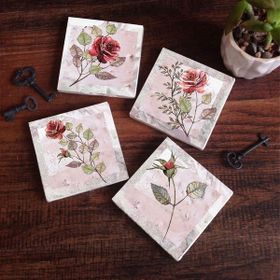 Pinecone 4 Parça Set 10X10 cm Stone Coasters Gül Çiçek Taş Masaüstü Koruyucu Altlık