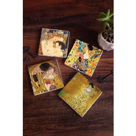 Pinecone 4 Parça Set 10x10 cm Stone Coasters Gustav Klimt Yelpazeli Kadın Adele Bloch-Bauer'in Portresi Anne Çocuk Öpücük Taş Masaüstü Koruyucu Altlık