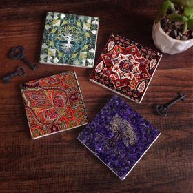 Pinecone 4 Parça Set 10X10 cm Stone Coasters Hayat Ağacı Desen Taş Masaüstü Koruyucu Altlık