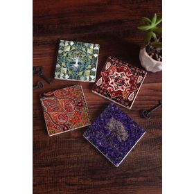 Pinecone 4 Parça Set 10X10 cm Stone Coasters Hayat Ağacı Desen Taş Masaüstü Koruyucu Altlık