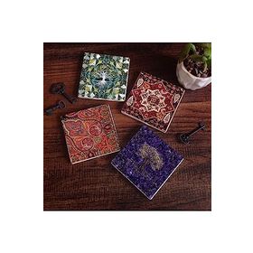 Pinecone 4 Parça Set 10X10 cm Stone Coasters Hayat Ağacı Desen Taş Masaüstü Koruyucu Altlık