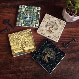 Pinecone 4 Parça Set 10X10 cm Stone Coasters Hayat Ağacı Taş Bardak Altlığı Masaüstü Koruyucu Altlık