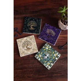 Pinecone 4 Parça Set 10X10 cm Stone Coasters Hayat Ağacı Taş Bardak Altlığı Masaüstü Koruyucu Altlık