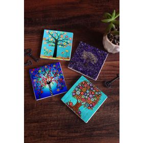 Pinecone 4 Parça Set 10X10 cm Stone Coasters Hayat Ağacı Taş Bardak Altlığı Masaüstü Koruyucu Altlık