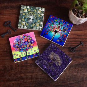 Pinecone 4 Parça Set 10X10 cm Stone Coasters Hayat Ağacı Taş Bardak Altlığı Masaüstü Koruyucu Altlık