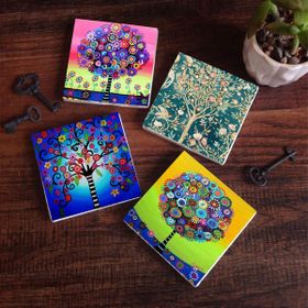 Pinecone 4 Parça Set 10X10 cm Stone Coasters Hayat Ağacı Taş Bardak Altlığı Masaüstü Koruyucu Altlık